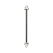 14k white gold spike industrial barbell with dual pointed ends, vertical front view
