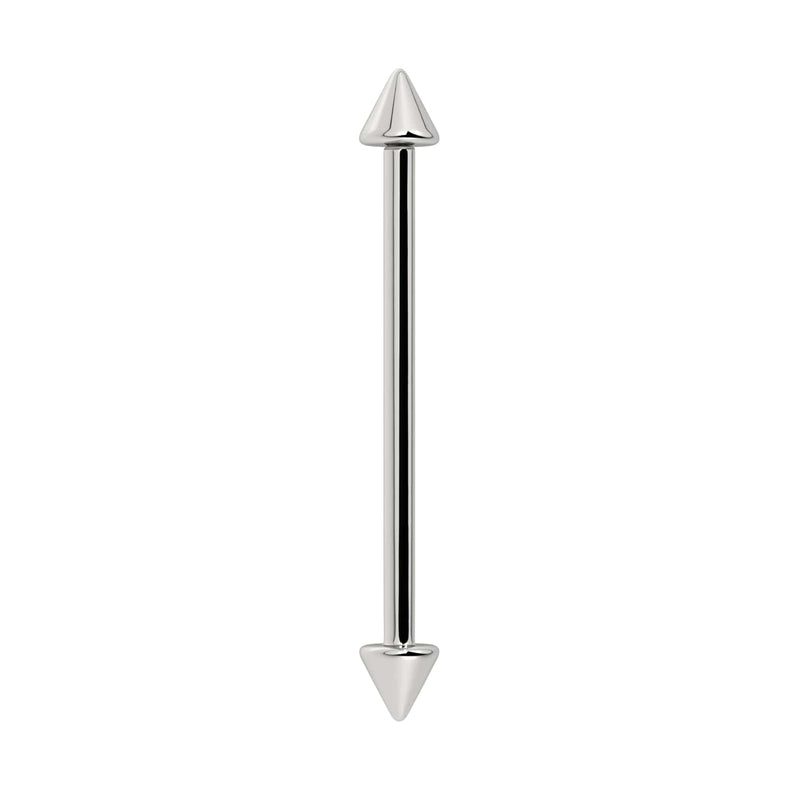 14k white gold spike industrial barbell with dual pointed ends, vertical front view