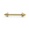 14k yellow gold spike straight barbell with double cone ends, front view on white background