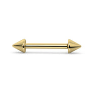 14k yellow gold spike straight barbell with double cone ends, front view on white background
