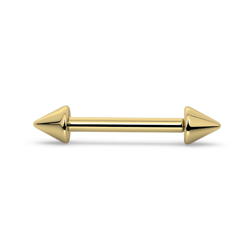 14k yellow gold spike straight barbell with double cone ends, front view on white background