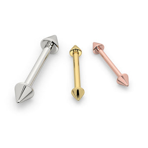 14k gold spike straight barbell shown in all three metal colors: white gold, yellow gold, and rose gold