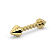 Angled view of 14k yellow gold spike straight barbell showing cone spike detail and flat disc end
