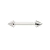 14k white gold spike straight barbell with double cone ends, front view showing cool-toned polish