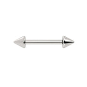 14k white gold spike straight barbell with double cone ends, front view showing cool-toned polish