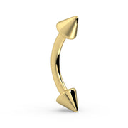 14K yellow gold spike curved barbell, straight-on side view ideal for rook or eyebrow piercing fit reference