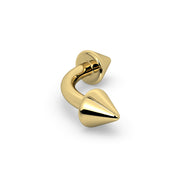 Close-up of 14K yellow gold spike curved barbell from above highlighting polished cone spike detail