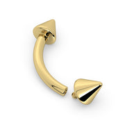 14K yellow gold spike curved barbell with threaded cone ends separated, showing internally threaded design