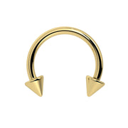 14K yellow gold spike circular barbell horseshoe, front view on white background