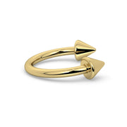 14K yellow gold spike horseshoe barbell, angled side profile showing both cone ends