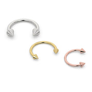 Spike circular barbell in all three metal options: 14K white, yellow, and rose gold