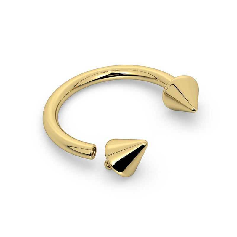 14K yellow gold spike circular barbell, opposite side angle highlighting threaded cone tips