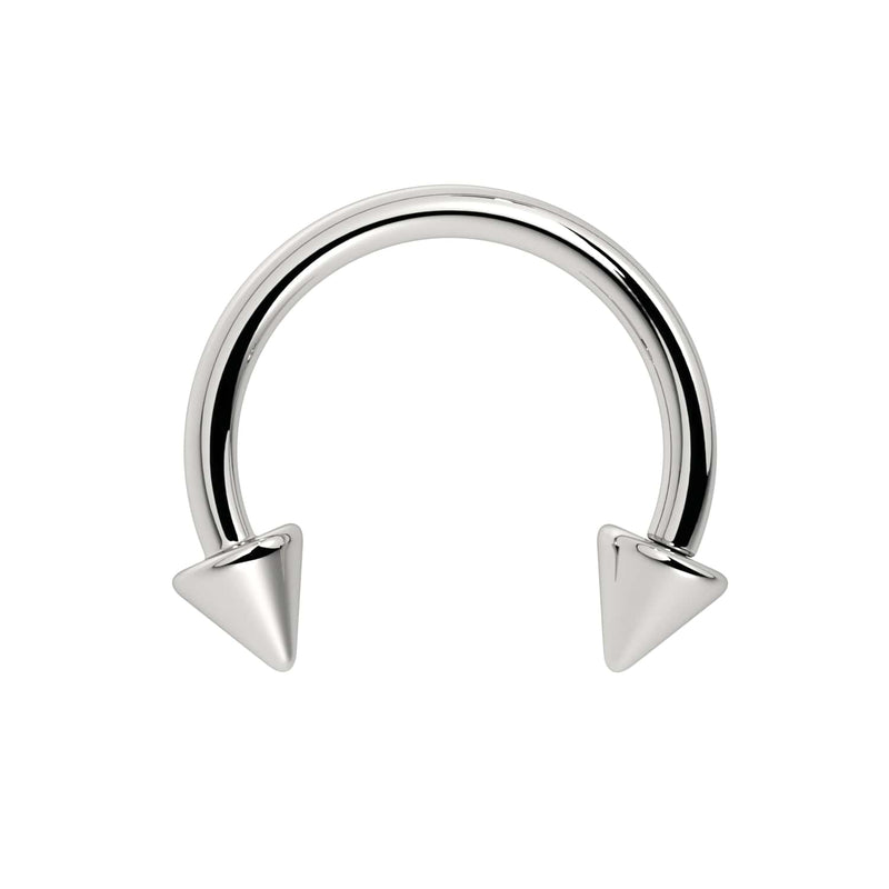 14K white gold spike circular barbell, straight-on front view on white background