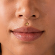 Model close-up of an woman's nose with a solid gold crown flat back labret stud in her medusa piercing.