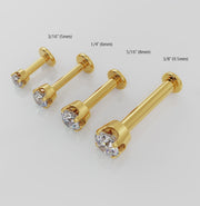 14k yellow gold diamond flat back labret barbell length comparison: 5mm, 6mm, 8mm, and 9.5mm