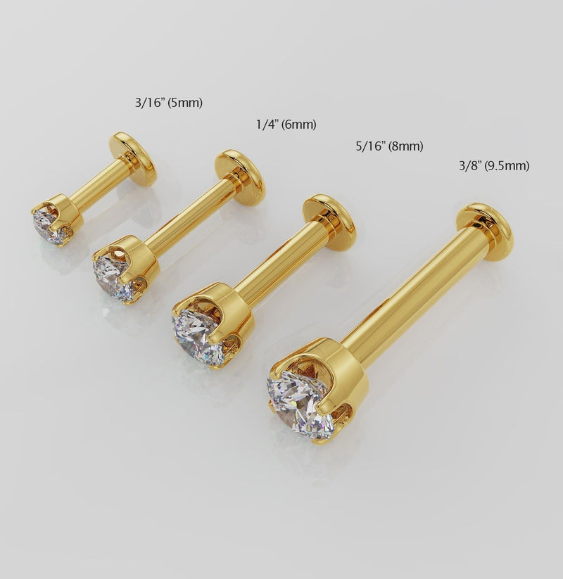 14k yellow gold diamond flat back labret barbell length comparison: 5mm, 6mm, 8mm, and 9.5mm