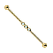 14k yellow gold industrial barbell with three bezel-set moonstone cabochons, front view