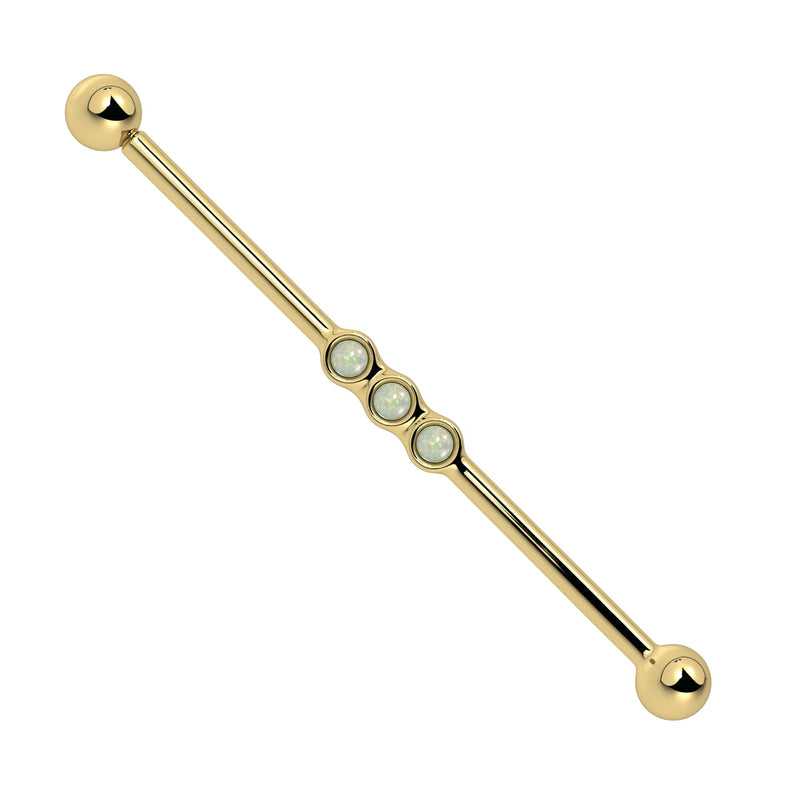 14k yellow gold industrial barbell with three bezel-set opal cabochons, front view