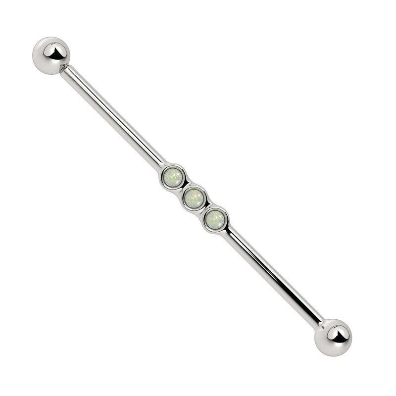 14k white gold industrial barbell with three bezel-set opal cabochons showing iridescent sparkle