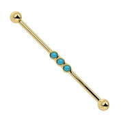 14k yellow gold industrial barbell with three bezel-set turquoise cabochons, front view