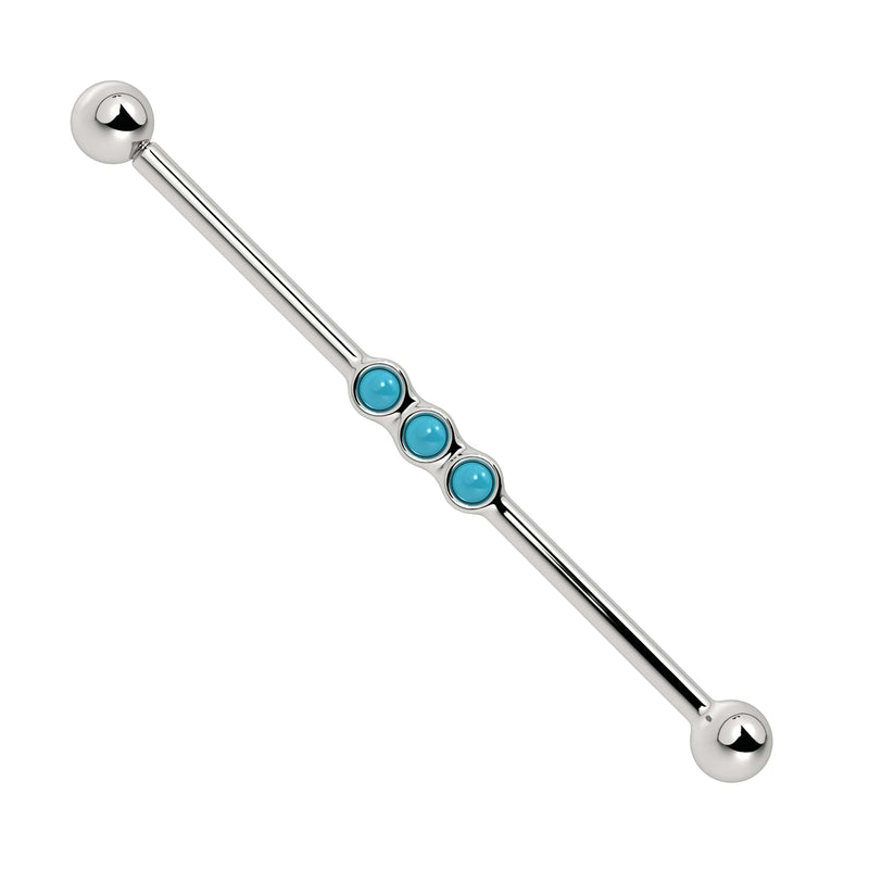 14k white gold industrial barbell with three bezel-set turquoise cabochons, front view