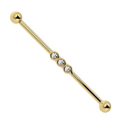 14k yellow gold industrial barbell with three bezel-set CZ gems at center, front view