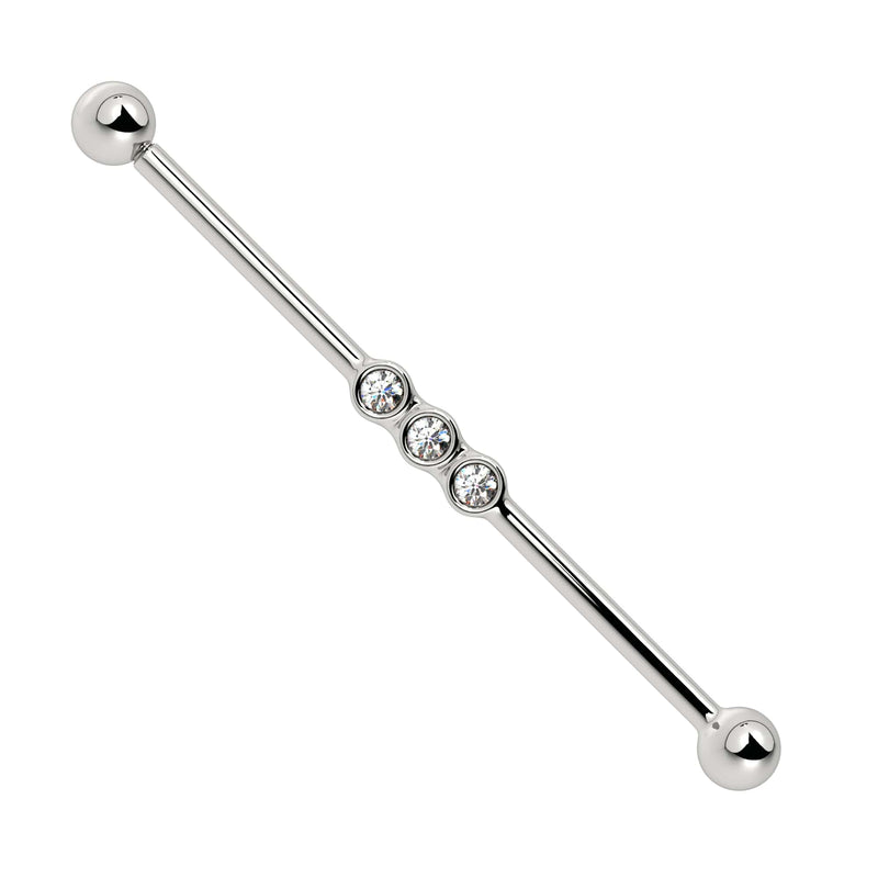 14k white gold industrial barbell with triple bezel-set CZ stones, front view