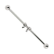 14k white gold bow industrial barbell with center bow accent, front view on white background