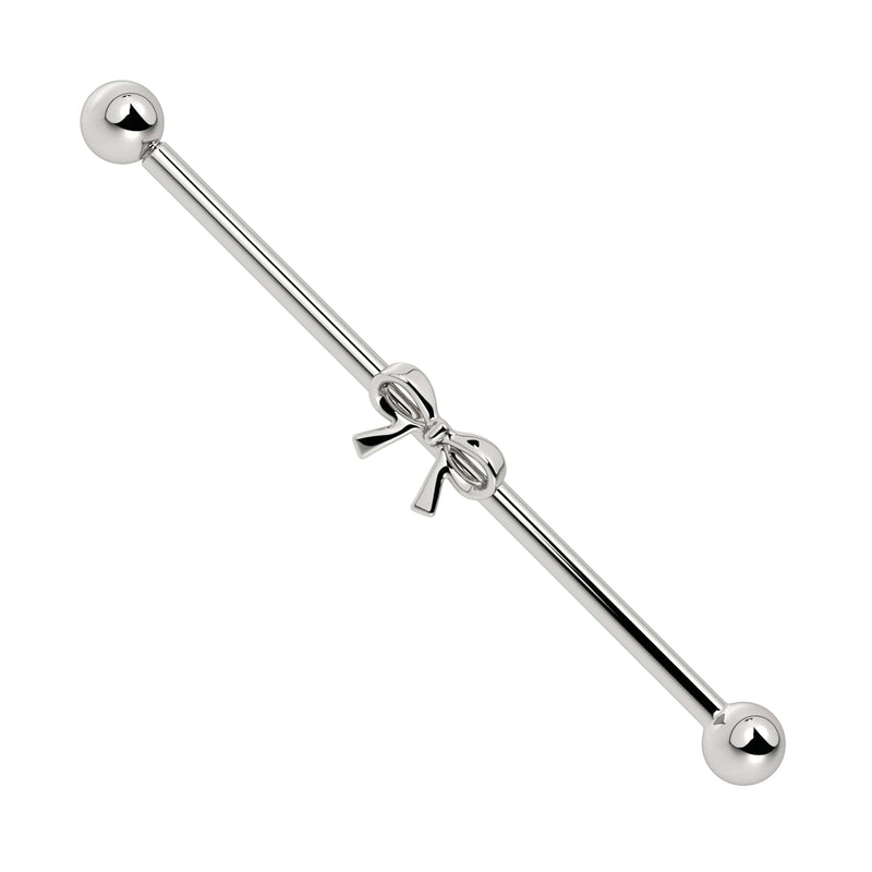 14k white gold bow industrial barbell with center bow accent, front view on white background