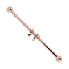 14k rose gold bow industrial barbell with sculpted bow charm at center, front view on white