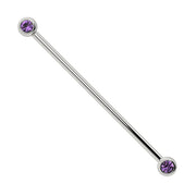 14k white gold industrial barbell with two bezel-set 3mm amethyst stones, front view