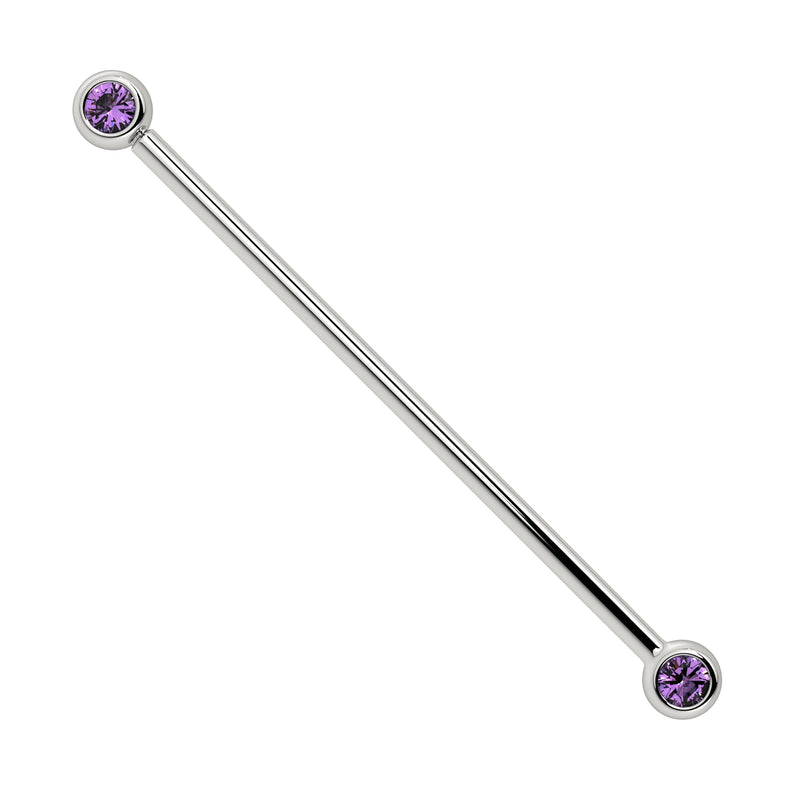 14k white gold industrial barbell with two bezel-set 3mm amethyst stones, front view