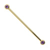 14k yellow gold industrial barbell with dual bezel-set 3mm amethyst gemstones, front view