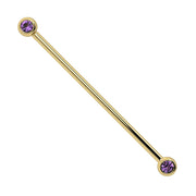 14k yellow gold industrial barbell with dual bezel-set 3mm amethyst gemstones, front view
