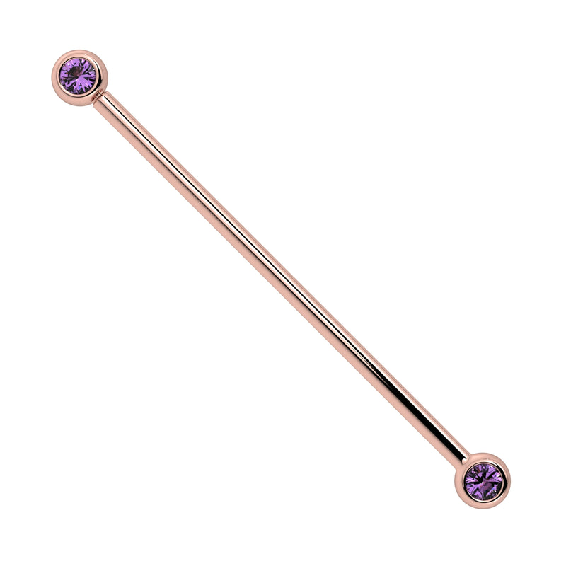 14k rose gold industrial barbell with dual bezel-set 3mm amethyst gemstones, front view