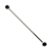 14k white gold industrial barbell with two bezel-set 3mm black diamonds, full length view