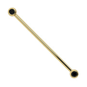 14k yellow gold industrial barbell with dual 3mm black diamond bezel ends, full length view