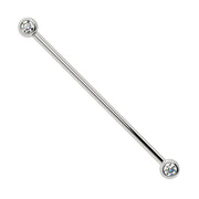 14k white gold CZ bezel industrial barbell with dual bezel-set clear stones, front view