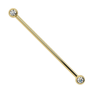 14k yellow gold CZ bezel industrial barbell with two round clear stones, front view