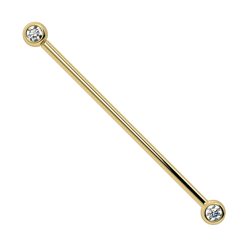 14k yellow gold CZ bezel industrial barbell with two round clear stones, front view