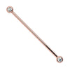 14k rose gold CZ bezel industrial barbell with two round bezel-set stones, front view