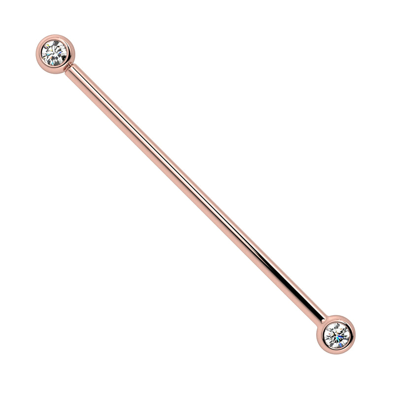 14k rose gold CZ bezel industrial barbell with two round bezel-set stones, front view