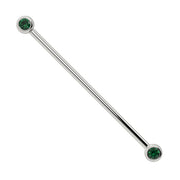 14k white gold industrial barbell with dual bezel-set 3mm natural emeralds, high-polish finish