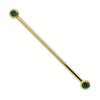 14k yellow gold industrial barbell with dual bezel-set 3mm natural emeralds, front view