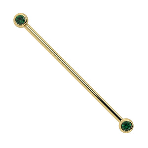 14k yellow gold industrial barbell with dual bezel-set 3mm natural emeralds, front view