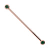 14k rose gold industrial barbell with dual bezel-set 3mm natural emeralds, front view