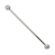 14k white gold diamond bezel industrial barbell with two round bezel-set diamonds, front view