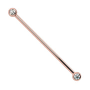 14k rose gold diamond bezel industrial barbell with dual bezel-set natural diamonds, front view