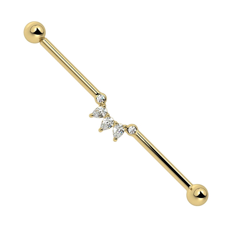 14k yellow gold industrial barbell with pear-cut CZ arc cluster, front view on white background