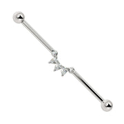 14k white gold industrial barbell with CZ pear-cut arc cluster, front view on white background